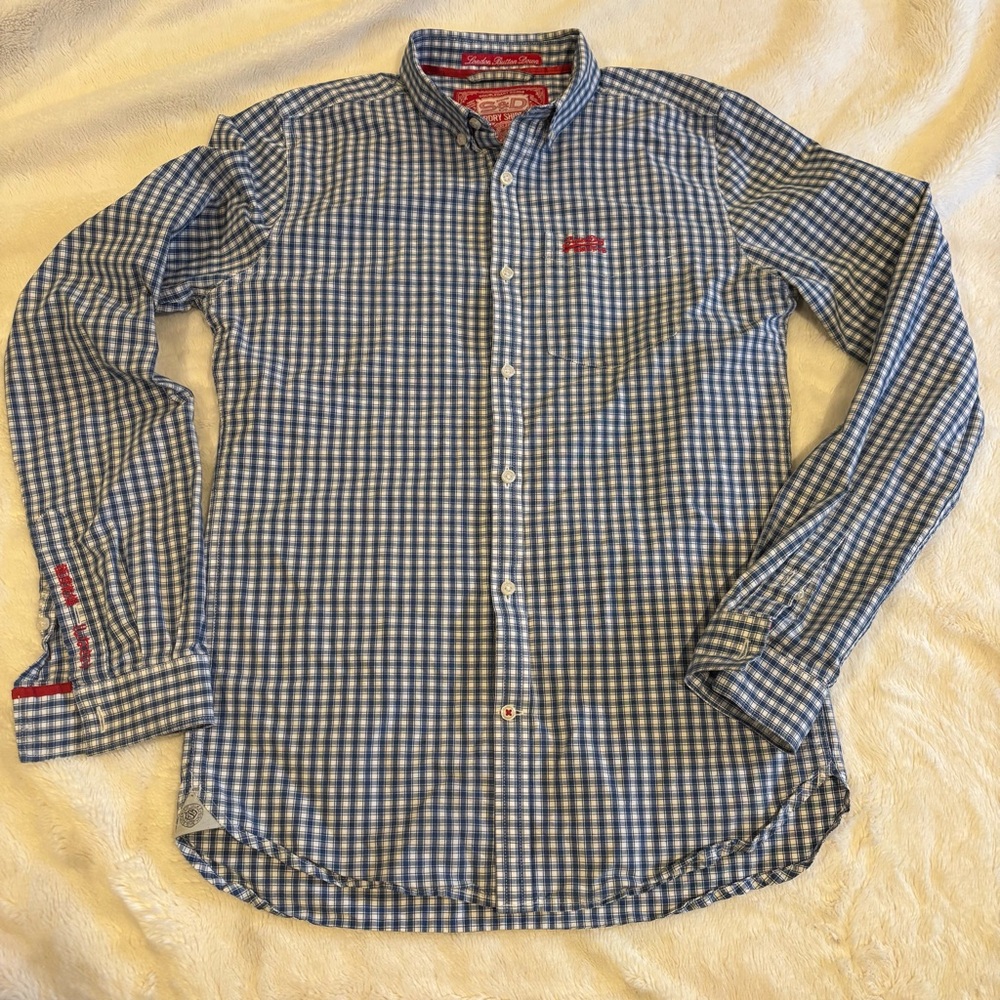 Superdry Blue and White Gingham London Button Down Shirt